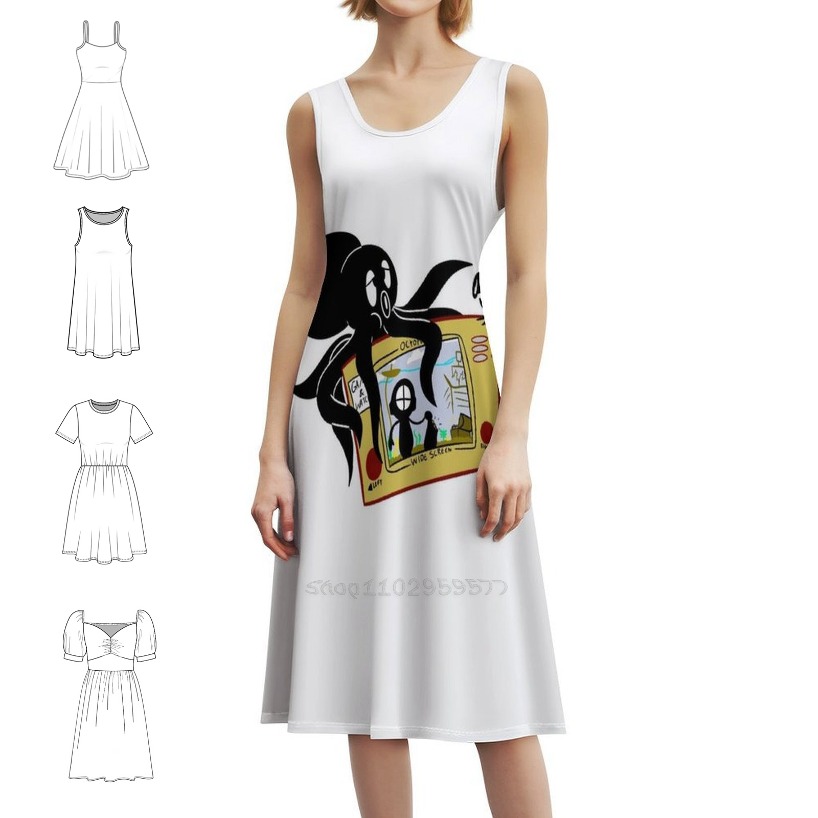 Party Games Summer - Octopus Vintage Bohemian Dress Puff Sleeve
